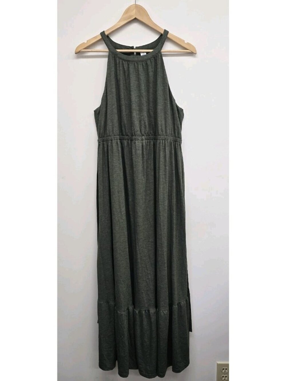 Old Navy Maternity Maxi Dress Womens Size L Belted Halter Heather Green Stretch